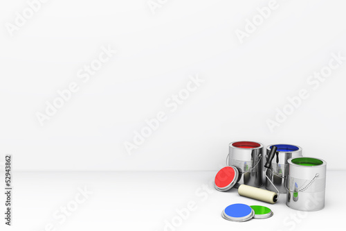 Cans with a palette of colors and a roller brush near the wall