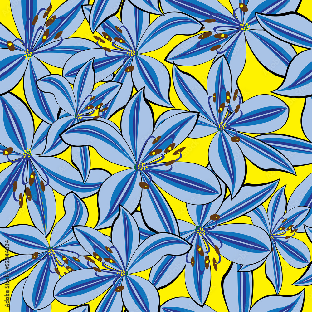 seamless pattern blue lily on yellow background seamless pattern blue lily on yellow background