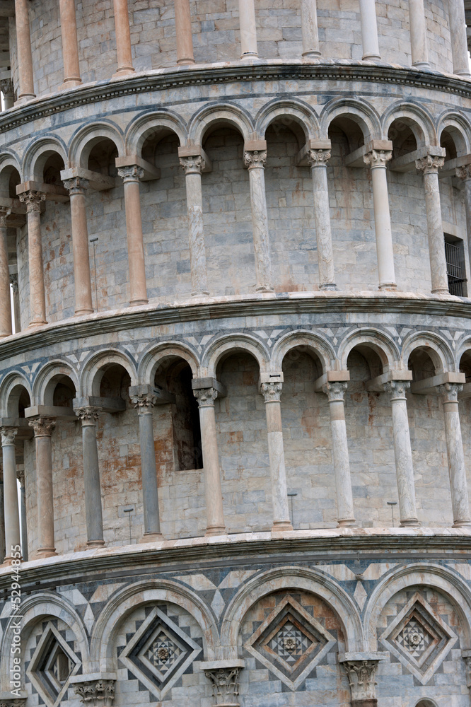 Detail of leaning Tower of Pisa in Italy in Pisa