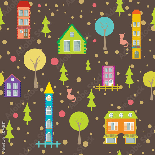 urban seamless pattern houses and trees on bright background