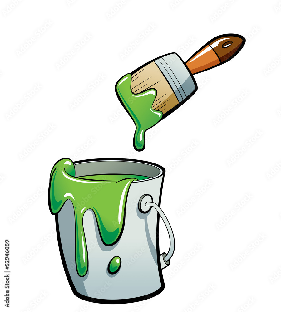 Cartoon green color paint in a paint bucket painting with paint Stock