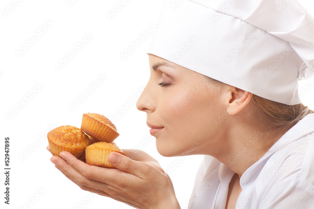 Woman cook holding cakes, isolated on white background Woman cook holding cakes, isolated on white background