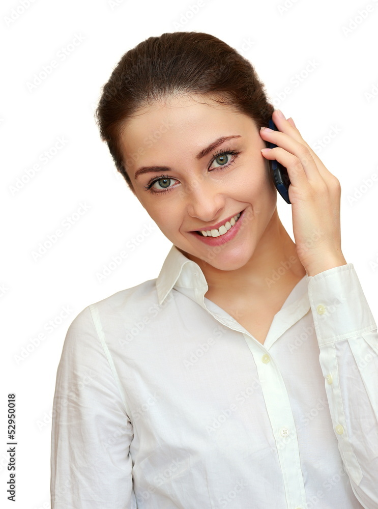 Smiling business woman talking on mobile phone isolated on white Smiling business woman talking on mobile phone isolated on white