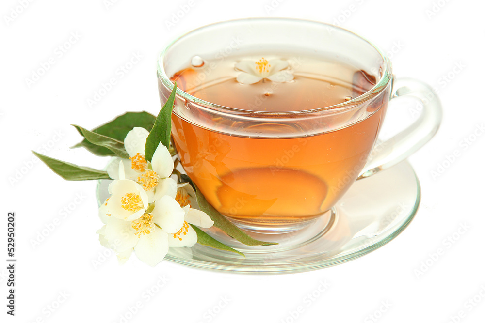 Cup of tea with jasmine, isolated on white Cup of tea with jasmine, isolated on white
