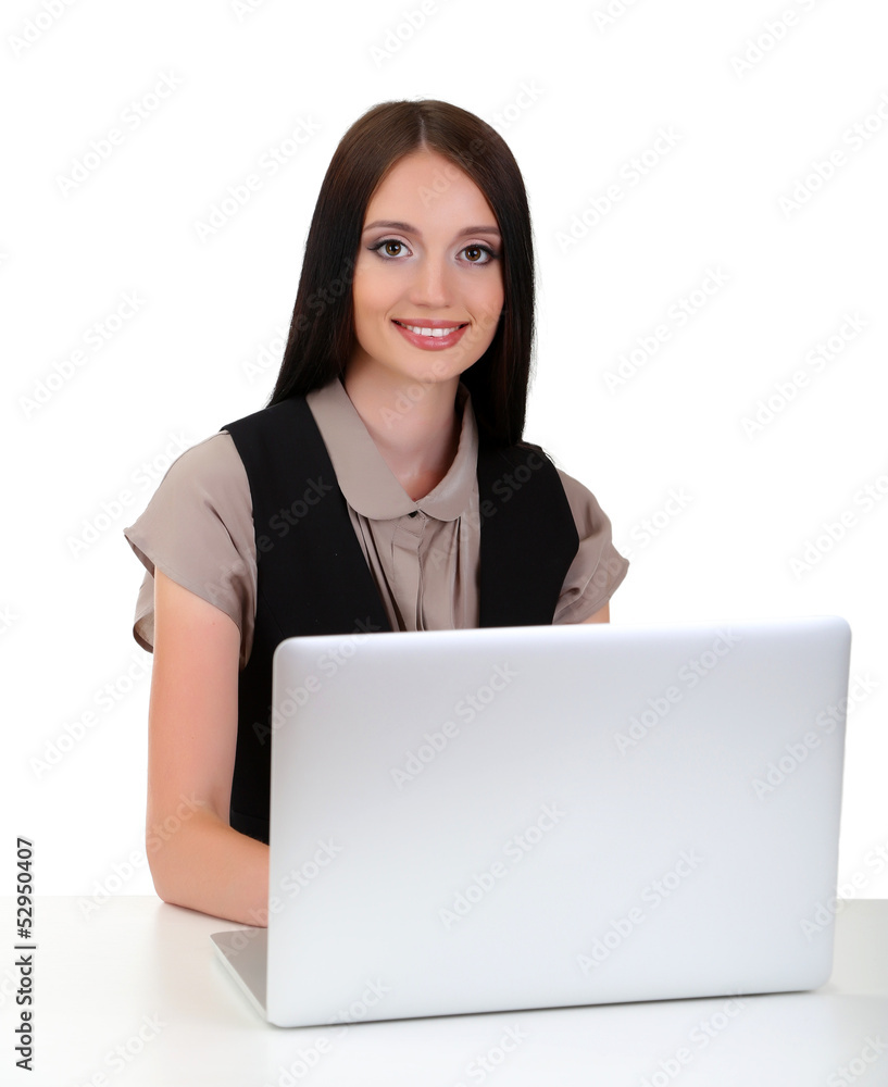 Young business woman working with computer, isolated on white Young business woman working with computer, isolated on white