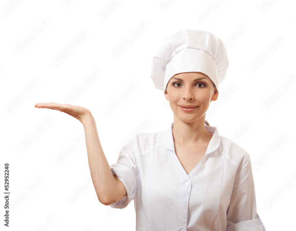 Cook or chef showing and presenting, isolated on white Cook or chef showing and presenting, isolated on white