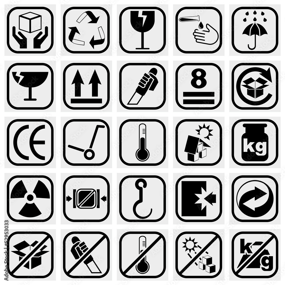 Packing symbols, vector icons set on gray. Packing symbols, vector icons set on gray.
