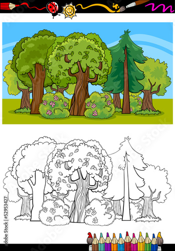 trees and forest cartoon for coloring book