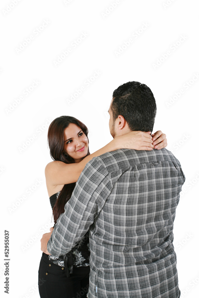 Happy loving couple hugging - isolated over a white background