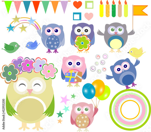 Set of birthday party elements with cute owls