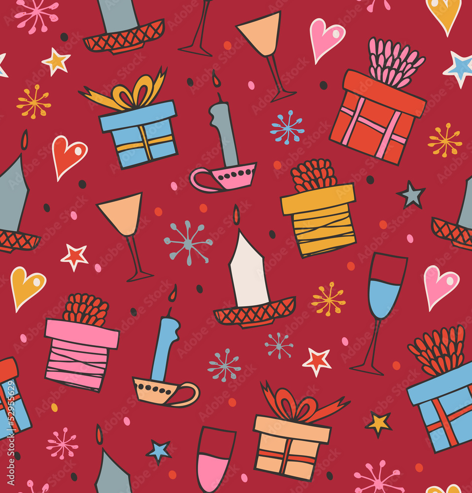 Colorful seamless pattern with gifts, candles, goblets Colorful seamless pattern with gifts, candles, goblets