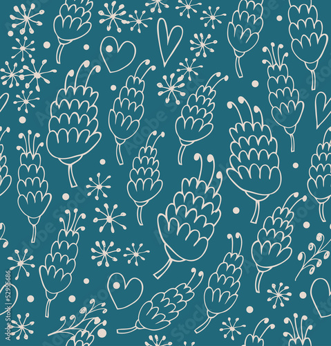 Doodle seamless pattern with flowers and hearts