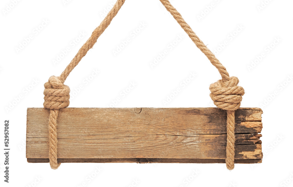 close up of an empty wooden sign hanging on a rope on white back close up of an empty wooden sign hanging on a rope on white back