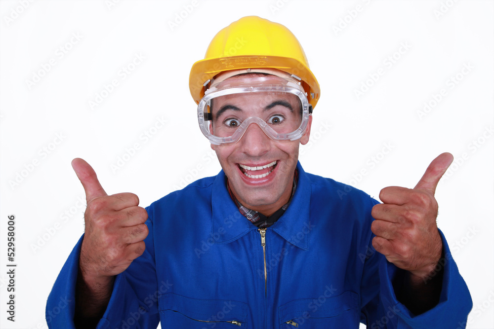 Crazy builder giving the thumbs-up