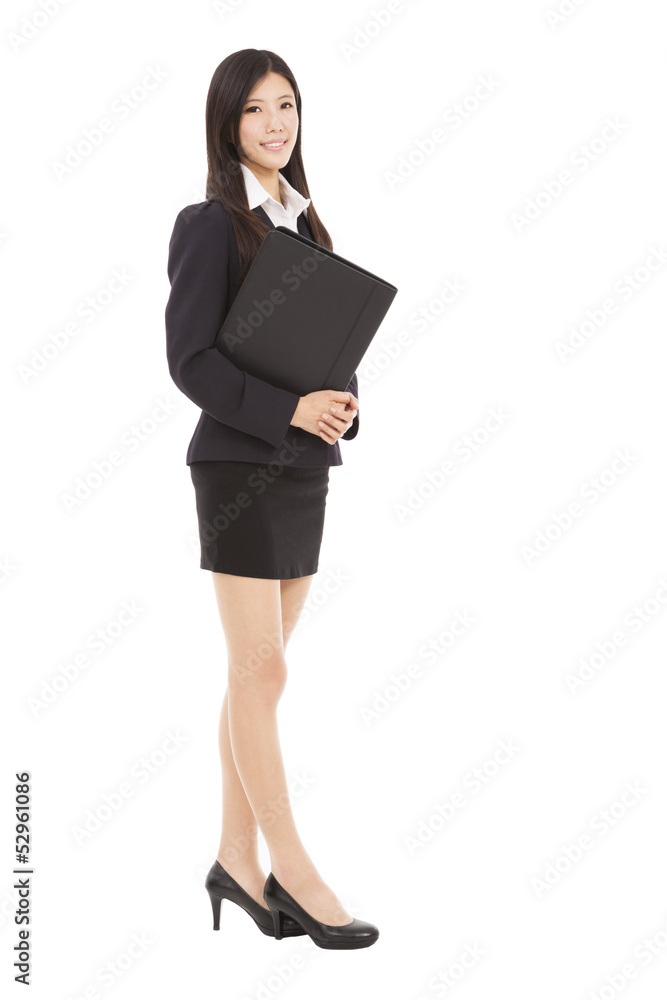 full length smiling businesswoman holding folder full length smiling businesswoman holding folder
