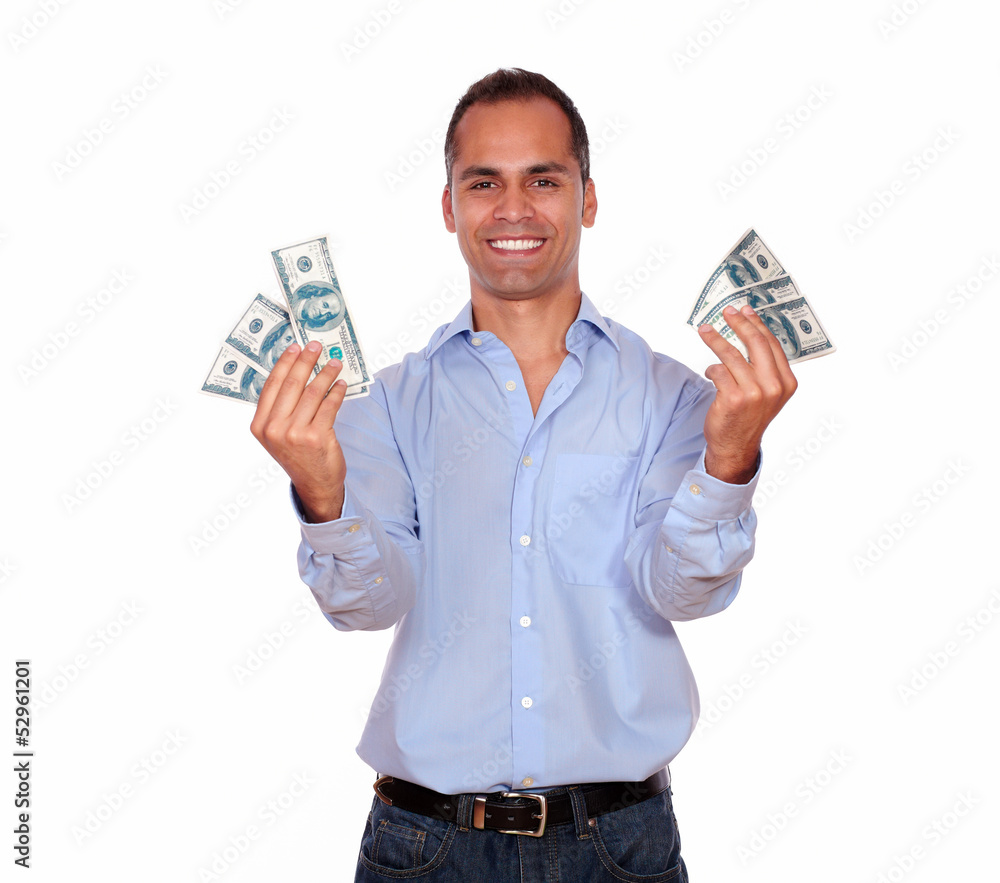 Happy adult man holding cash money