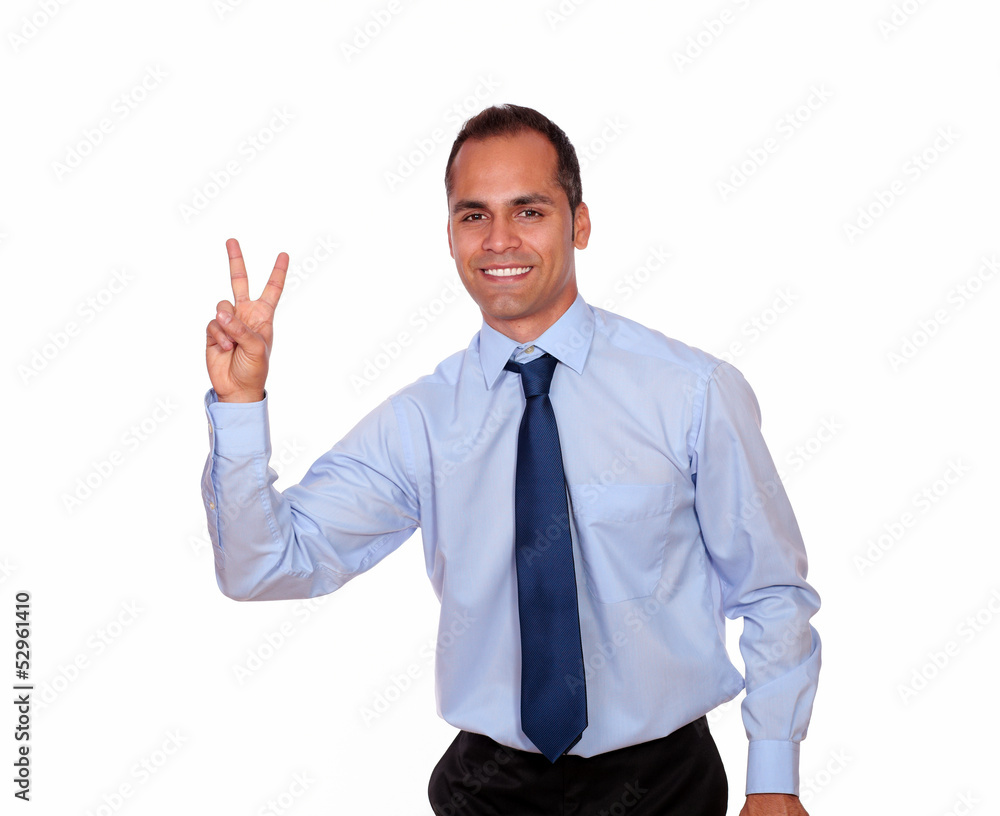 Charming man smiling and showing you victory sign Charming man smiling and showing you victory sign