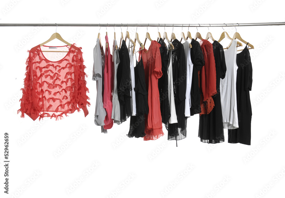 red dress and fashion female clothing hanging on hangers