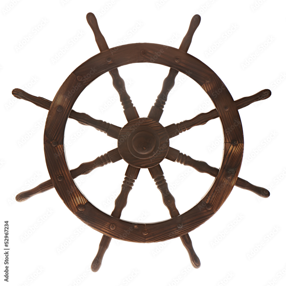 Old boat steering wheel isolated on white background.