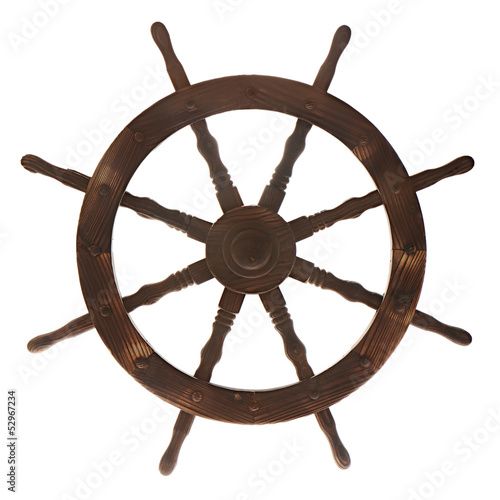 Old boat steering wheel isolated on white background.