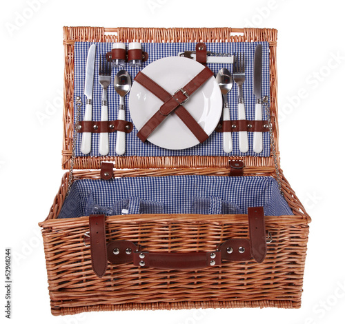 Wooden basket for picnic isolated over white