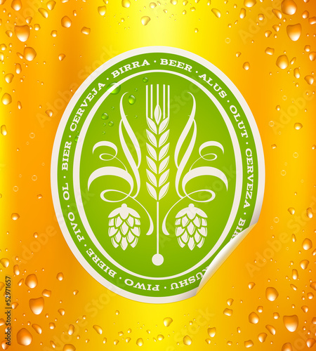 Beer label on beer background with drops