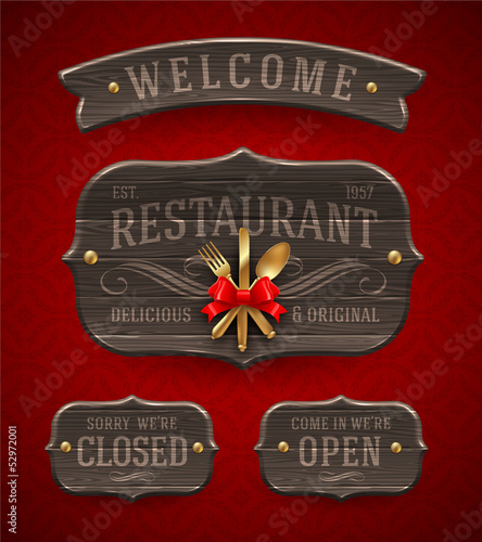 Vintage Restaurant signs with decor and golden cutlery