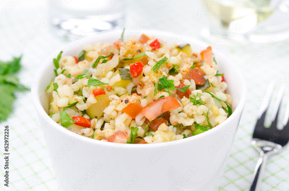 bowl of salad with bulgur, zucchini, tomatoes bowl of salad with bulgur, zucchini, tomatoes