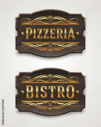 Vintage wooden signs for pizzeria and bistro