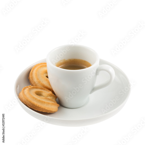 Cup of coffee with butter cookies isolated