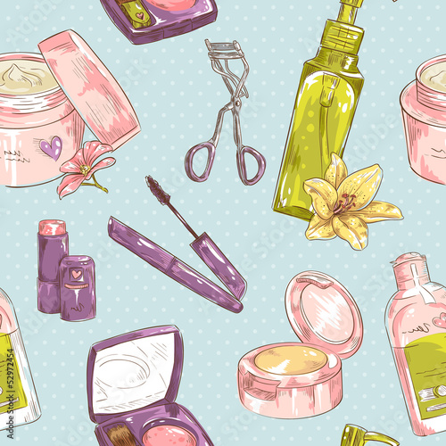 Set of make-up object cute girl collection seamless texture