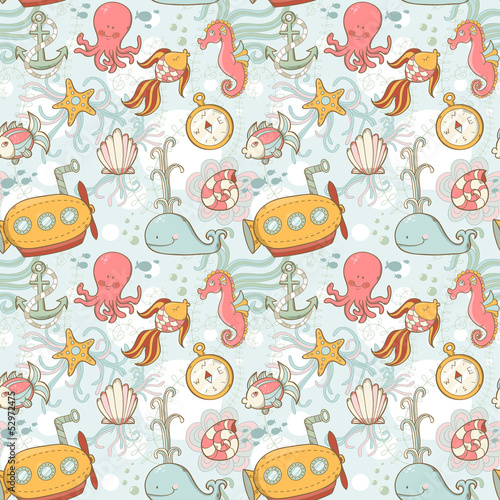 Underwater creatures cute cartoon seamless pattern