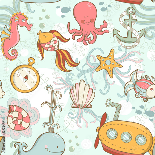 Underwater creatures cute cartoon seamless pattern