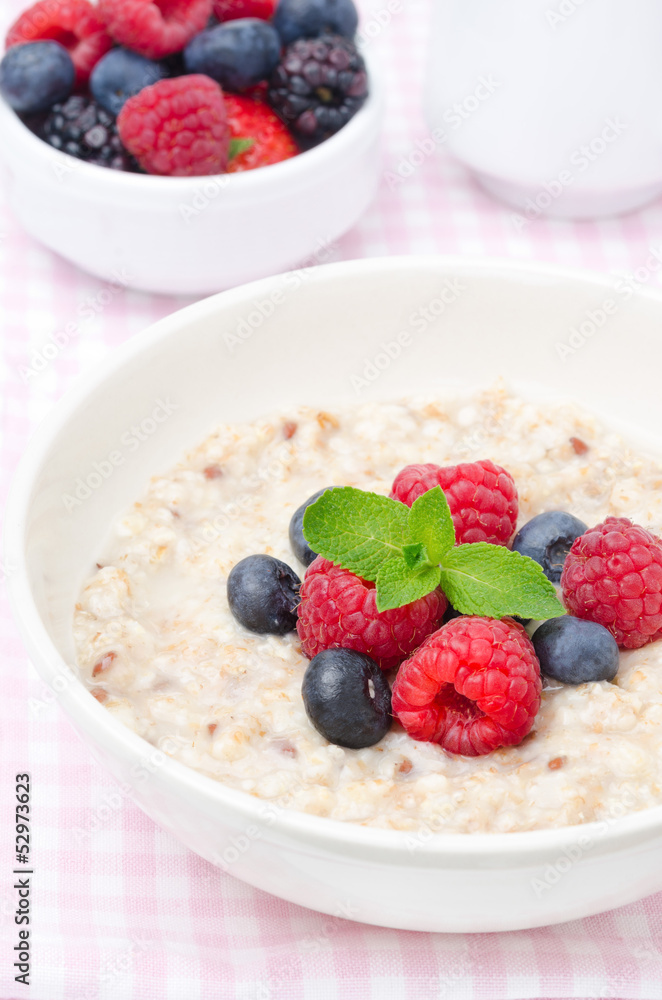 healthy breakfast - oatmeal with fresh berries, bowl of berries healthy breakfast - oatmeal with fresh berries, bowl of berries