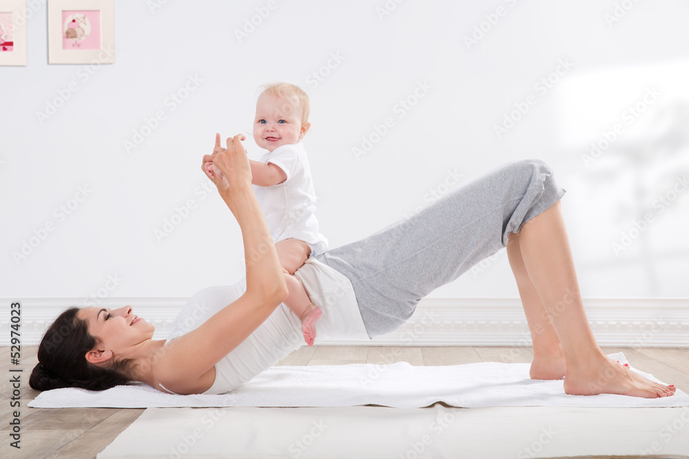 mother and baby gymnastics - obrazy, fototapety, plakaty 