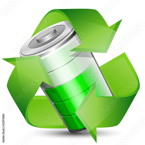 Battery with recycle symbol - renewable energy concept, vector i