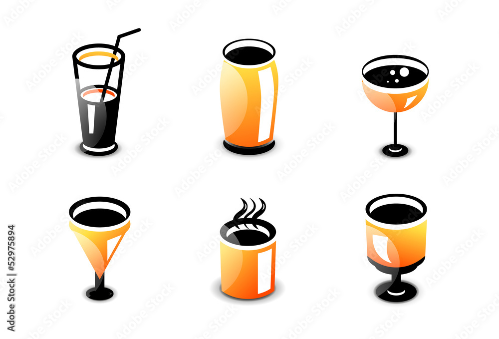Glossy drinks and beverages icon set
