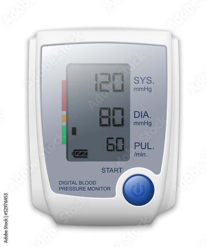 Digital blood pressure monitor front view, vector illustration