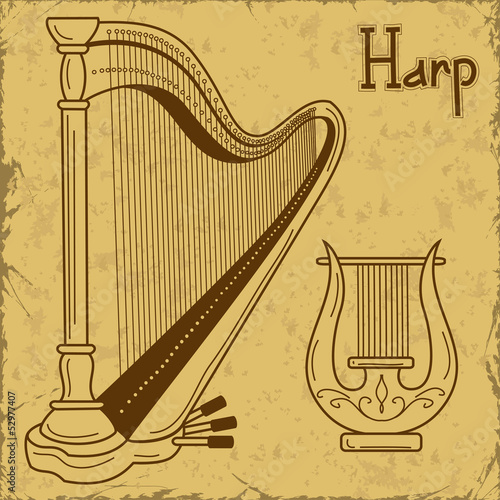 Illustration of isolated harp and lyre