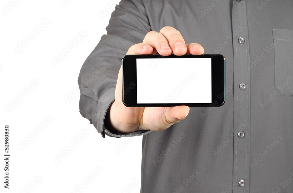 Businessman holding blank smart phone on white background . Businessman holding blank smart phone on white background .