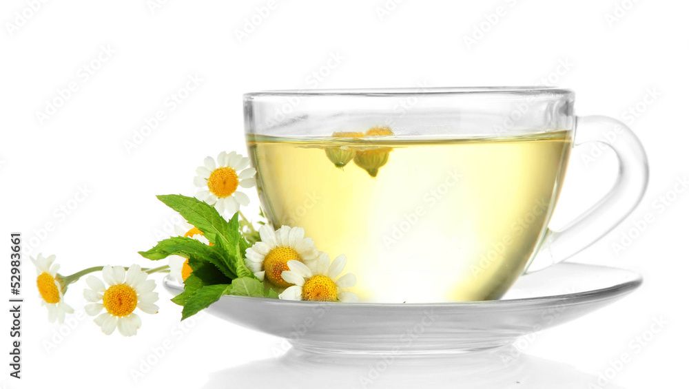 Cup of herbal tea with wild camomiles and mint, isolated Cup of herbal tea with wild camomiles and mint, isolated