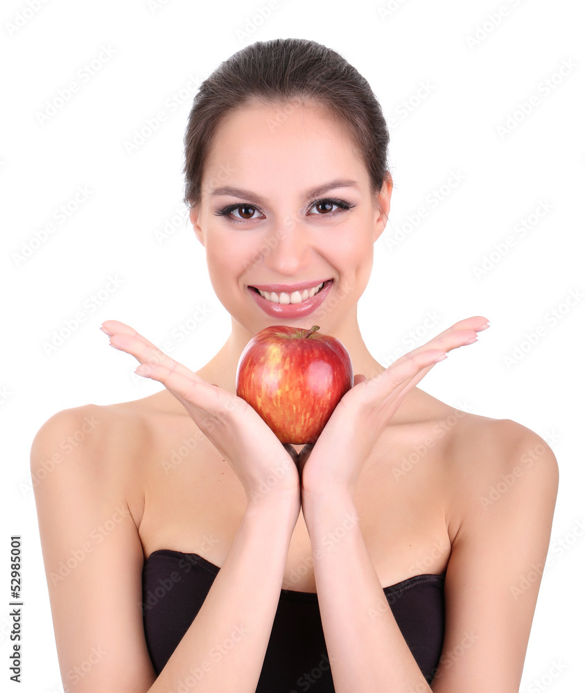 Smiling woman with apple isolated on white Smiling woman with apple isolated on white