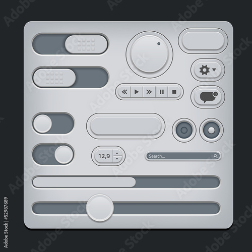 Set of gray ui web elements - sliders, switch, buttons etc.