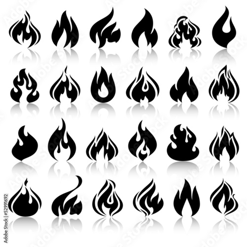 Fire flames, set icons with reflection