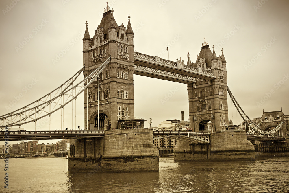 Vintage view of Tower Bridge, London. Sepia toned