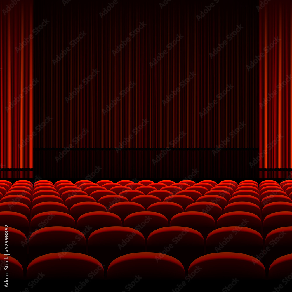Theater interior with red curtains and seats