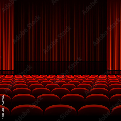 Theater interior with red curtains and seats