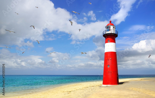 Obraz na plátně Lighthouse with flying seagulls. Westkapelle