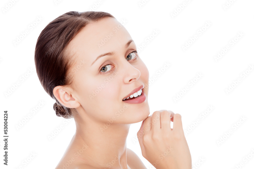 Beautiful young woman against the white background, copyspace Beautiful young woman against the white background, copyspace