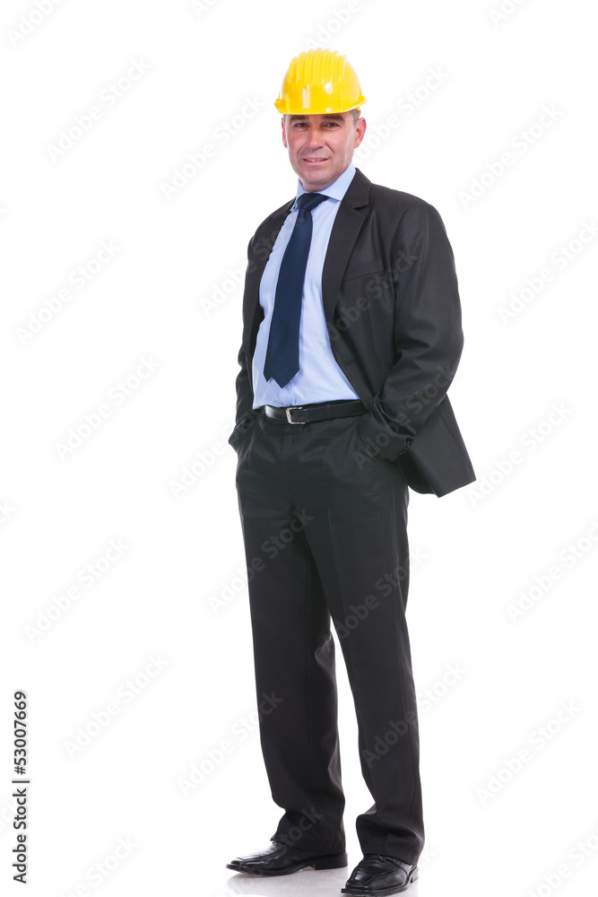 old engineer portrait with hands in pockets old engineer portrait with hands in pockets